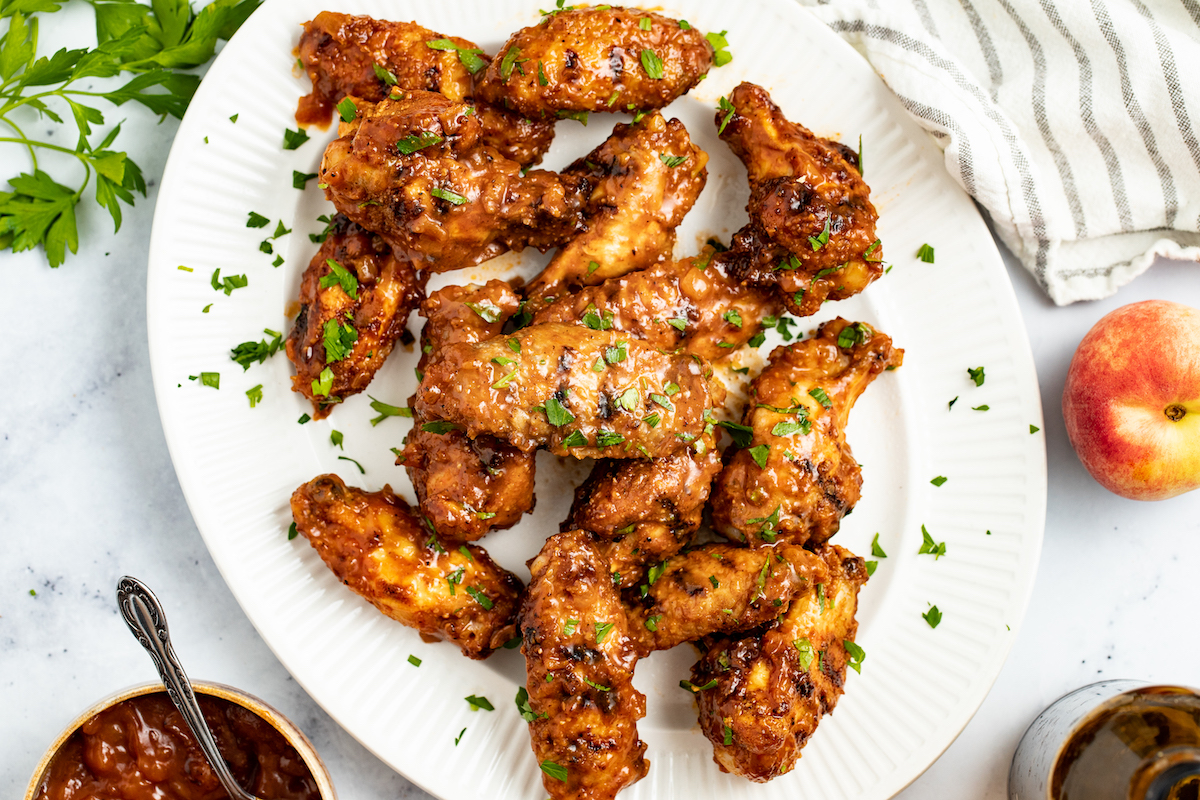 Spicy Peach Bourbon BBQ Sauce Chicken Wings